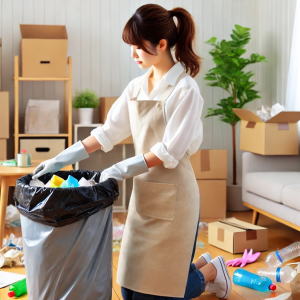 ゴミの片付けをする女性スタッフ