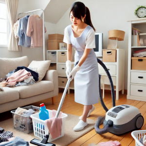 掃除機をかける女性スタッフ