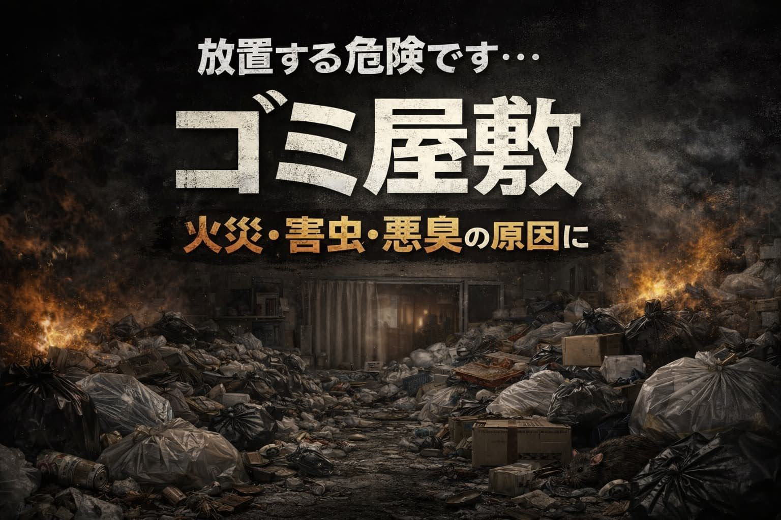 放置されたゴミ屋敷の危険性を訴えるイメージ画像｜火災・害虫・悪臭の原因となるゴミ屋敷清掃