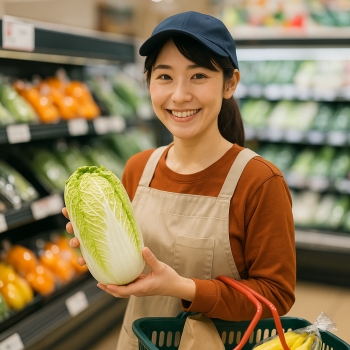 買い物カートにたくさんの商品を入れて笑顔で歩く女性スタッフ
