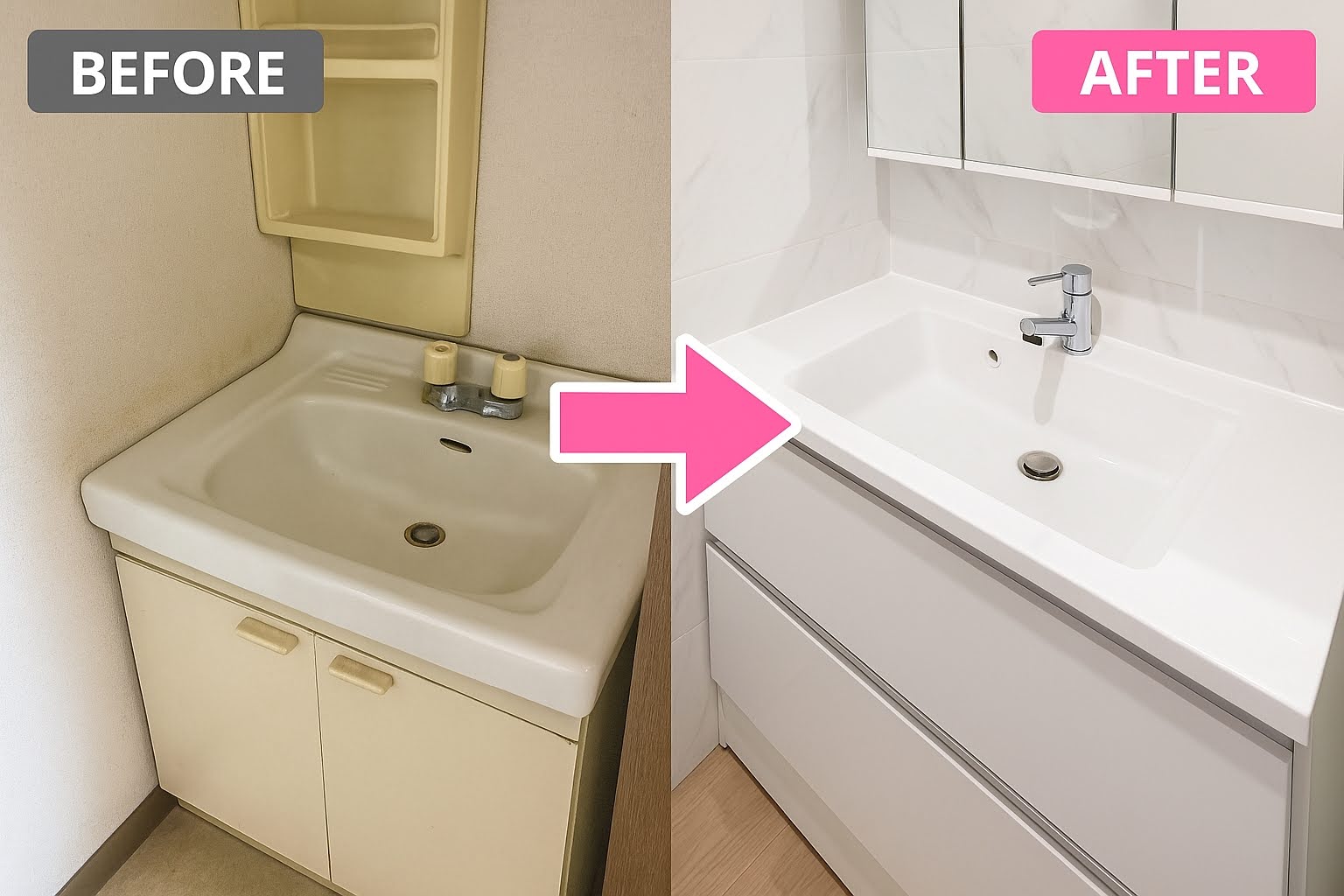 洗面化粧台ビフォーアフターリフォームの事でしたら横浜便利屋なっちゃん