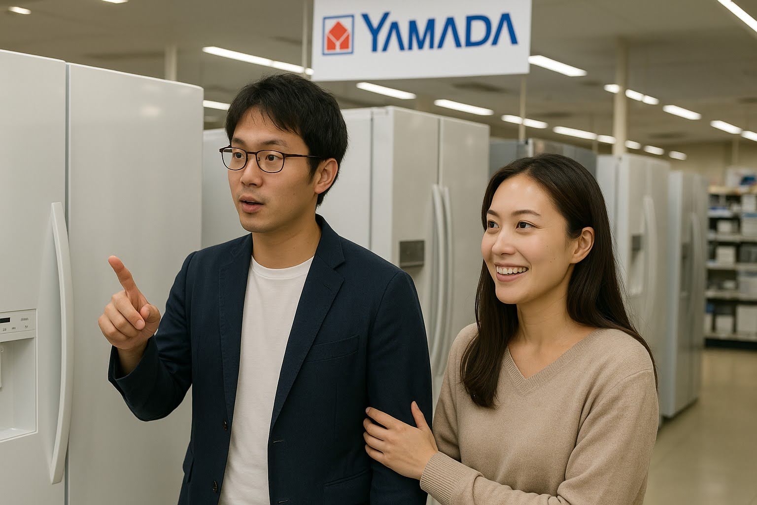 ヤマダ電機で不倫カップルが新生活のために家電製品を購入している様子。浮気調査で新居準備の証拠として撮影されたシーン。