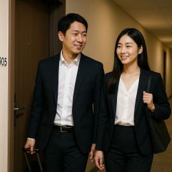 ホテルに出入りする男女の様子を時系列で記録。入退室の時刻を写真と位置ログで証拠化。