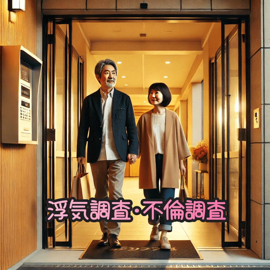 中年の男女が手をつないでマンションの入り口から出てくる画像