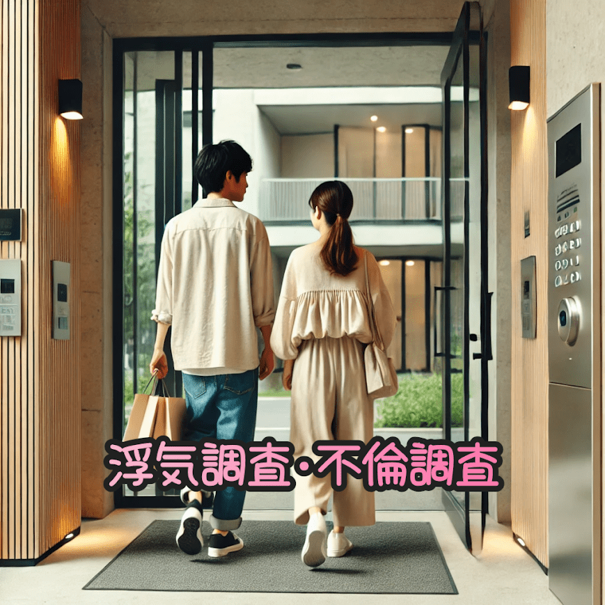 若い男女が手をつないでマンションの入り口から出てくる画像